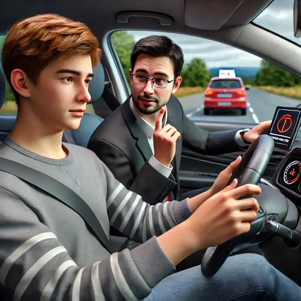 A young man is driving a car with a driving instructor beside him. The instructor, wearing glasses and a suit, appears to be giving guidance. Through the windshield, a red car with a learning sign is visible on the road ahead.